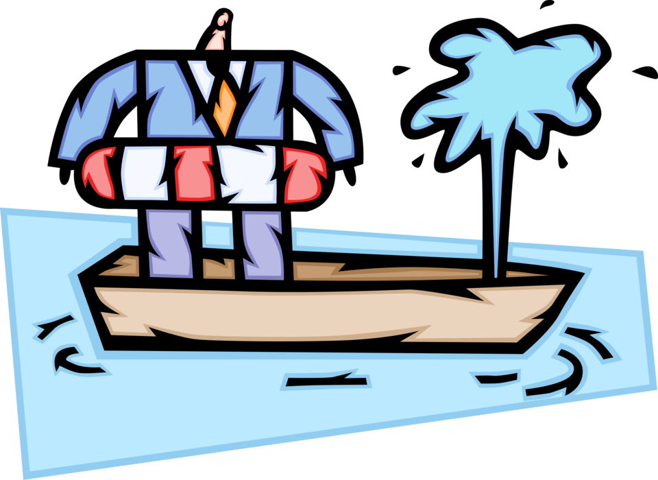 Vector Illustration of Businessman Avoids Maritime Disaster with Life Preserver in Sinking Boat that Sprung Leak