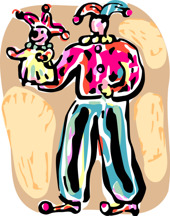 Vector Illustration of Big Top Circus Clown During Live Performance with Clown Puppet