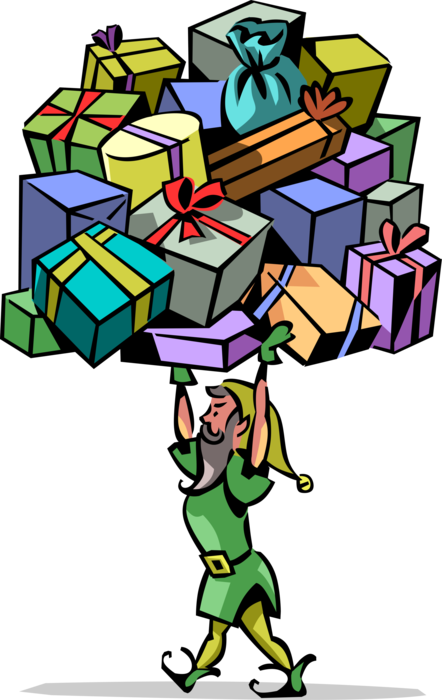 Vector Illustration of Mythological Santa's Helper Elf Carries Large Load of Christmas Presents