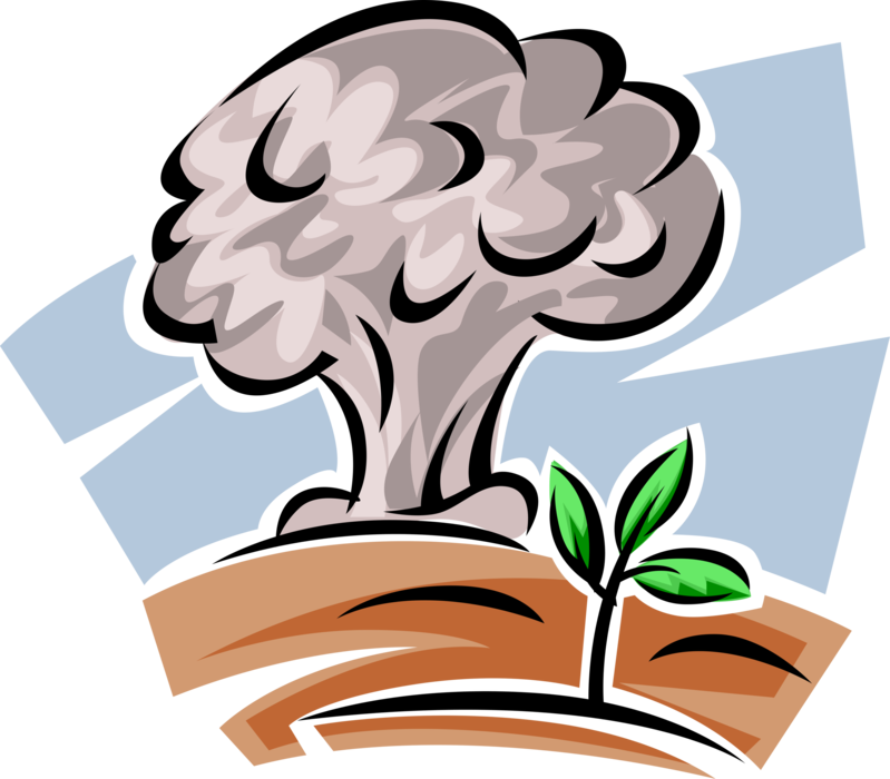 Vector Illustration of Nuclear Blast Mushroom Cloud with Scorched Earth and Struggling Ecosystem Plant
