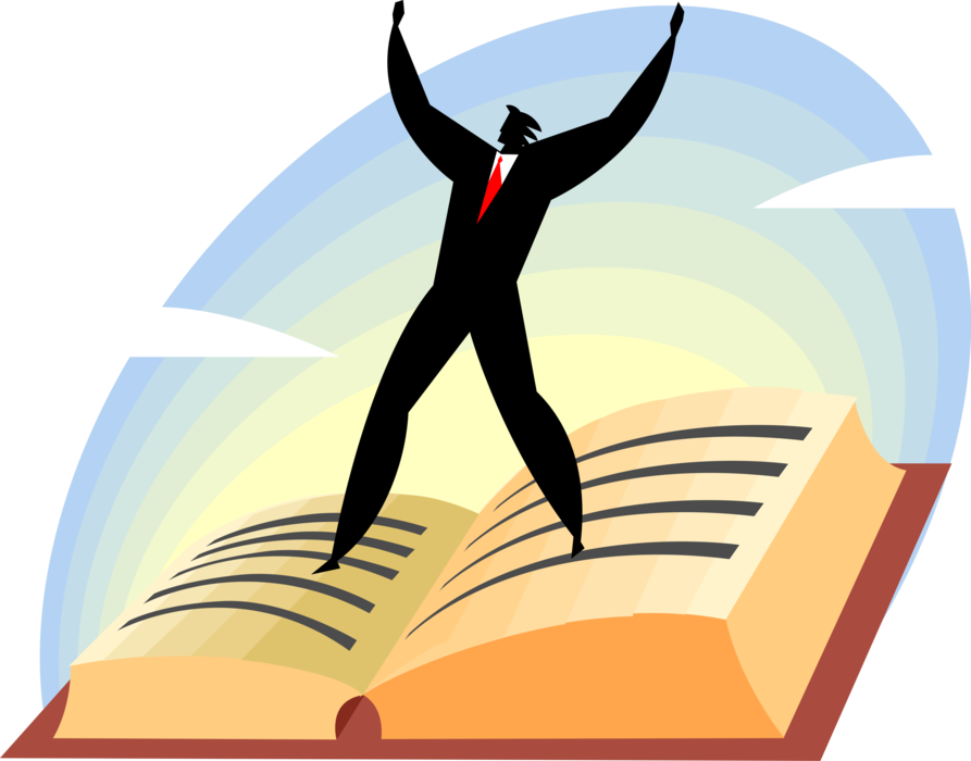 Vector Illustration of Successful Businessman Stands on Book of Knowledge