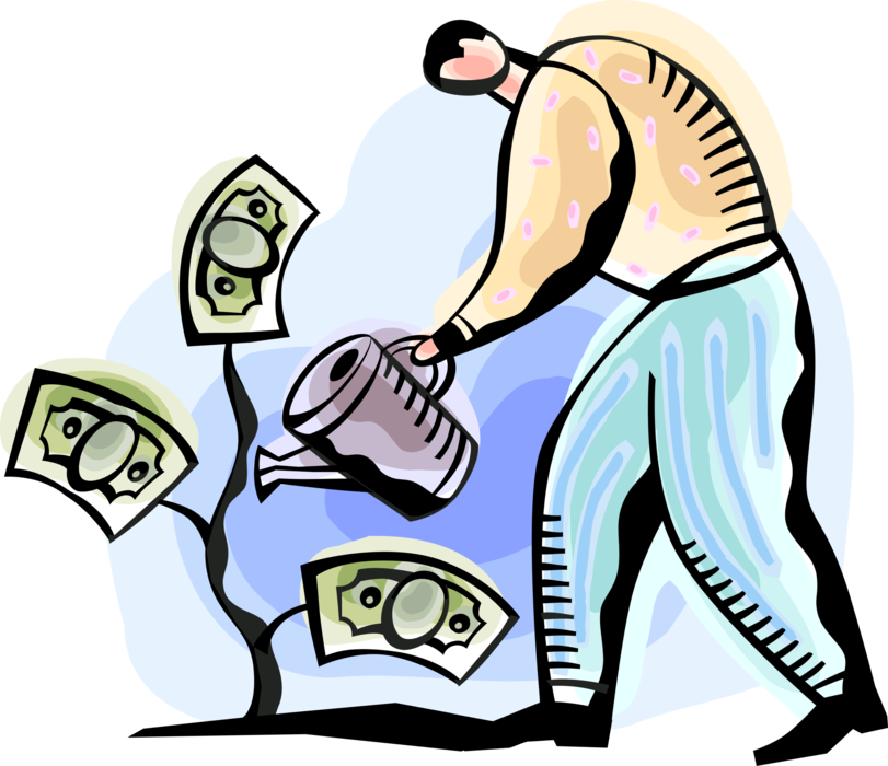 Vector Illustration of Businessman Waters Money Tree Cash Dollars with Watering Can