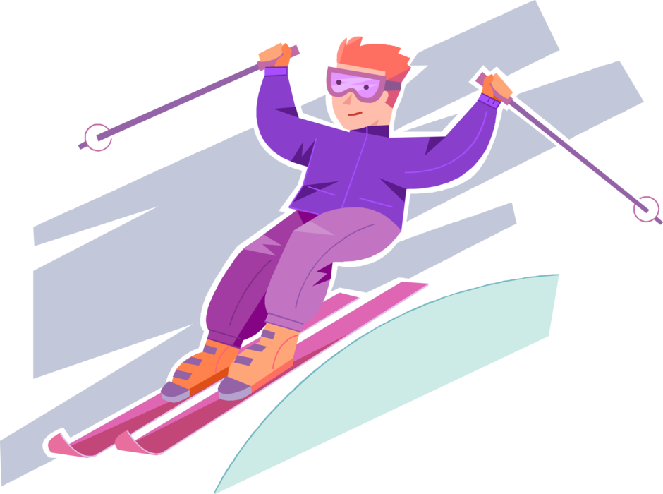 Vector Illustration of Downhill Alpine Skier Skis Down Mountain Slopes at Ski Resort in Winter