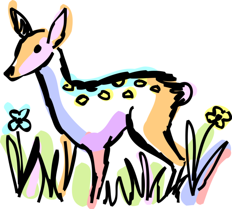 Vector Illustration of White-Tailed or Whitetail Deer Ruminant Mammal Forages in Meadow Grass
