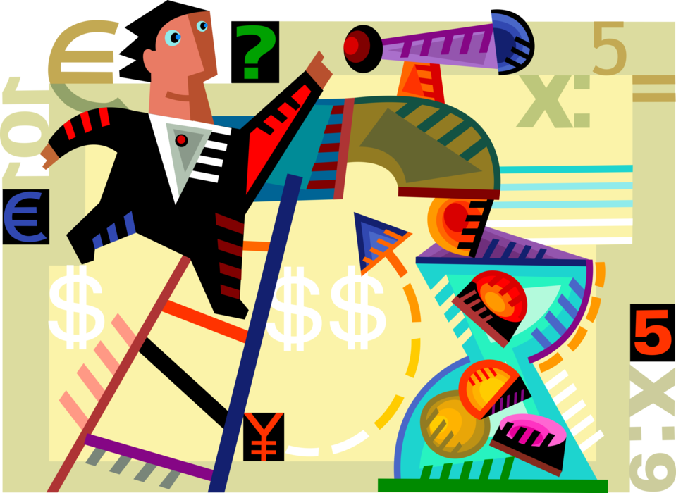 Vector Illustration of Businessman Turns on Financial Euro Spigot Tap with Flowing Cash Money Euro Dollar Coins 