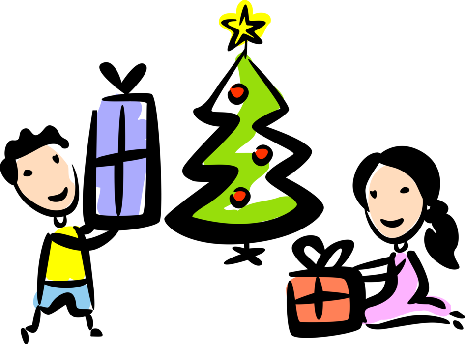 Vector Illustration of Brother and Sister Open Gifts and Presents on Christmas 