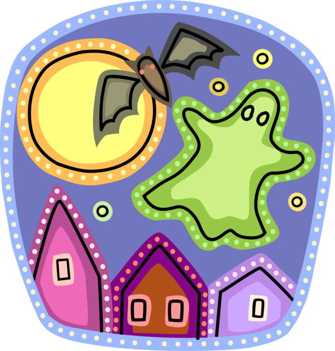 Vector Illustration of Halloween Goblin Ghost Phantom, Apparition, Spirit, Spook with Vampire Bat and Full Moon