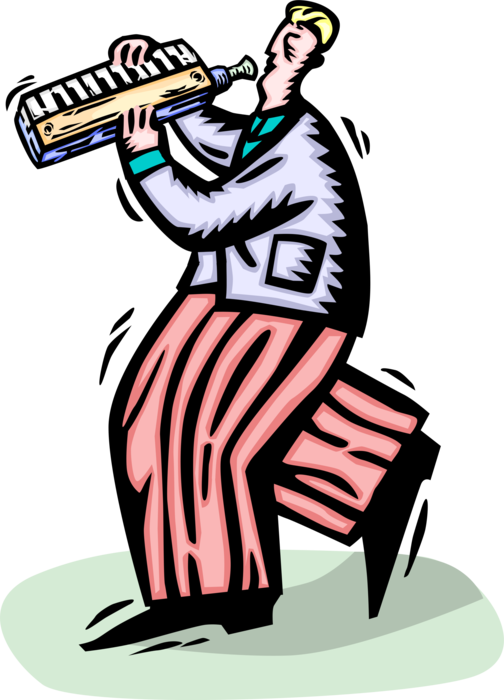 Vector Illustration of Musician Plays Melodica, Pianica, Blow-Organ, Key Harmonica, Melodyhorn Free-Reed Instrument
