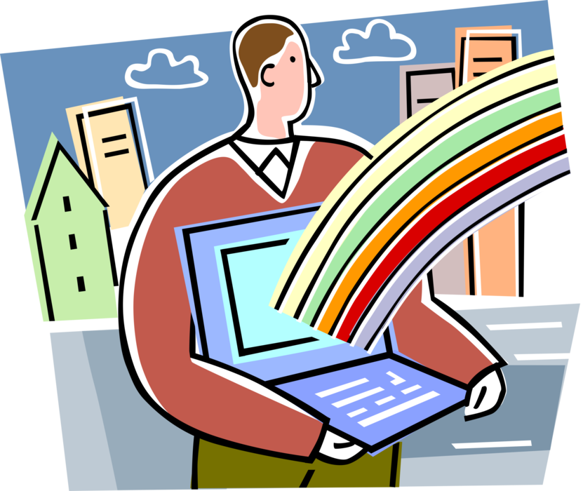 Vector Illustration of Businessman with Technology Rainbow Bringing Fresh Beginning, and New Prosperity