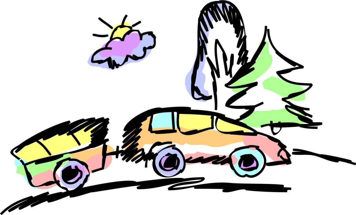 Vector Illustration of Holiday Vacation Travel in Family Automobile Motor Vehicle Car Towing Trailer