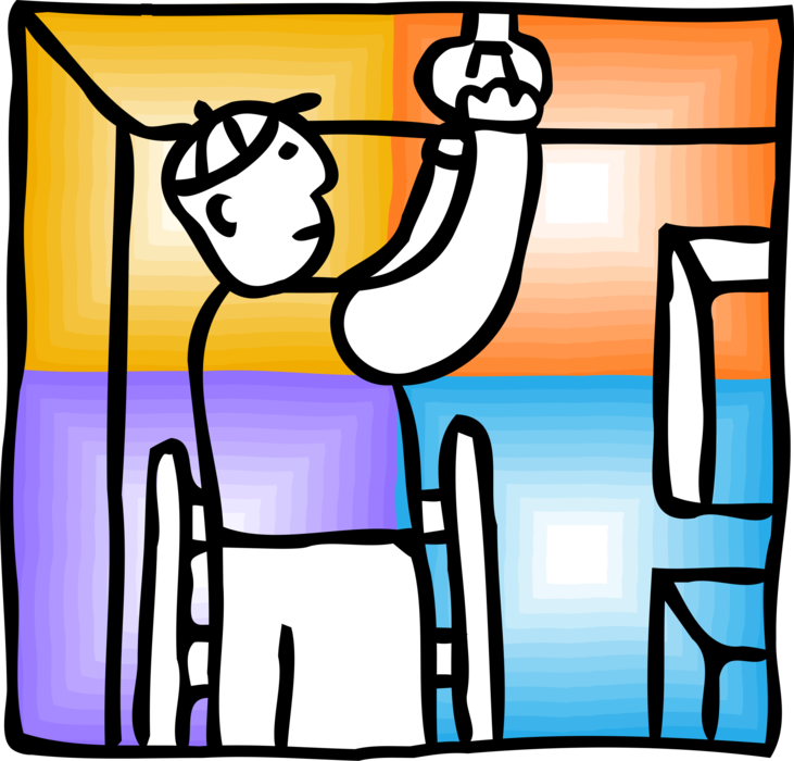 Vector Illustration of Electrician Replaces Electric Light Bulb with Step Ladder