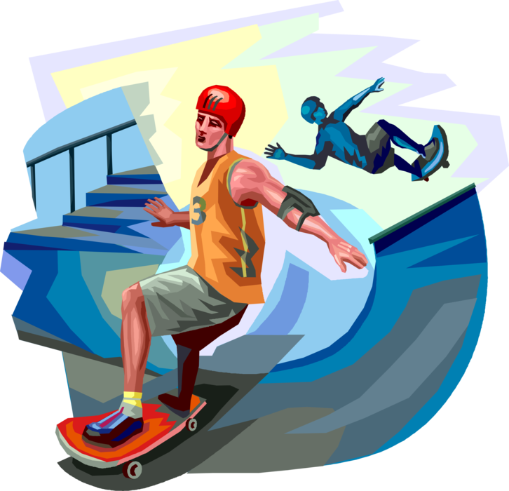 Vector Illustration of Skateboarders Perform Tricks on Skateboards in Half-Pipe Skateboarding Ramp