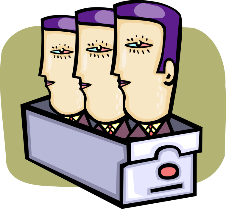 Vector Illustration of Talking Heads Businessmen in Filing Folder Storage Box