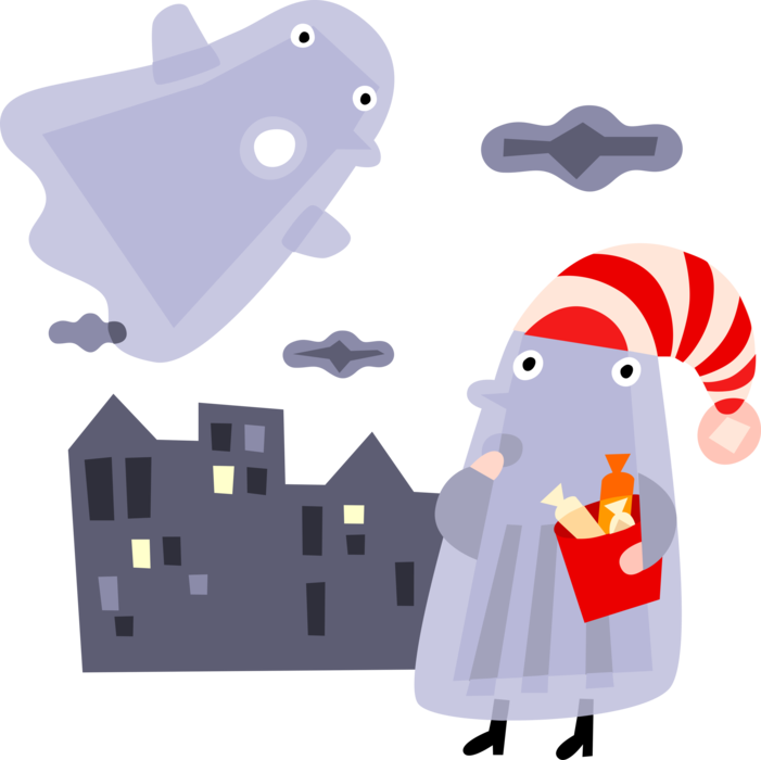Vector Illustration of Halloween Trick or Treater and Ghost Phantom, Apparition, Spirit, Spook
