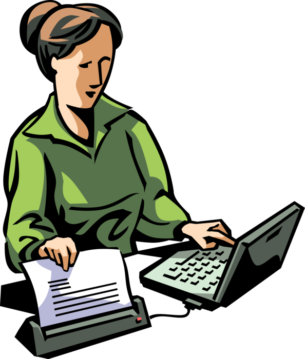 Vector Illustration of Woman Prints Document from Laptop Notebook Computer