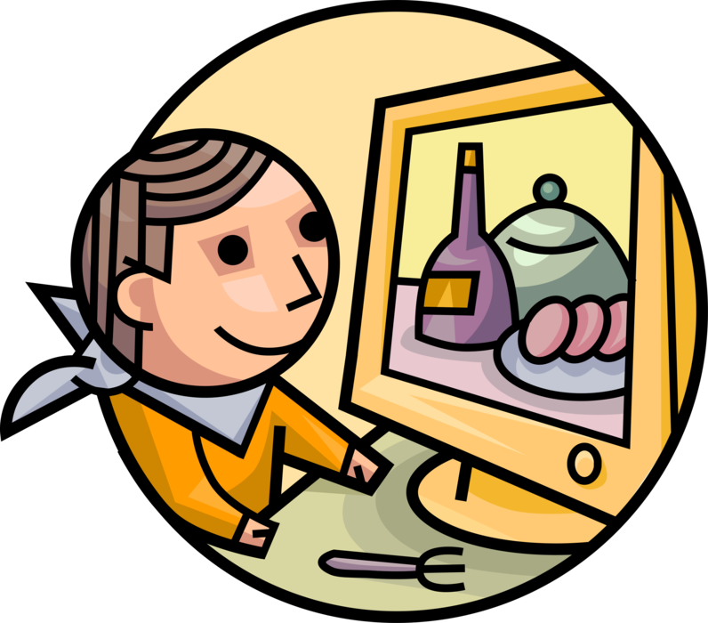 Vector Illustration of Hungry Gourmand Whets Appetite Browsing Culinary Cuisine Website Dishes via Online Internet