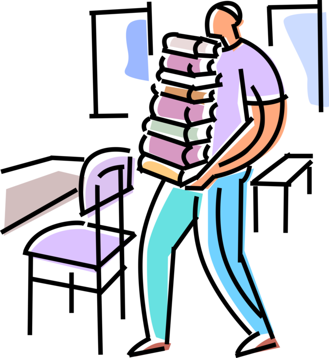 Vector Illustration of Student Carries Stack of Textbook Schoolbooks in School Classroom