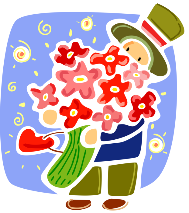 Vector Illustration of Amorous Passionate Young Man with Large Gift Floral Bouquet of Flowers