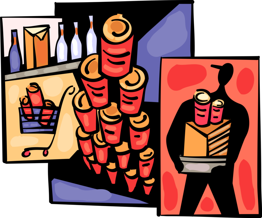 Vector Illustration of Supermarket Grocery Store Clerk Stacks Soup Cans in Display