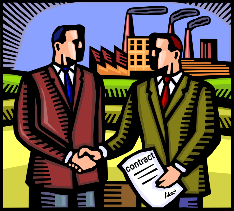 Vector Illustration of Industrial Manufacturing Businessmen Shake Hands with Legal Business Contract Handshake