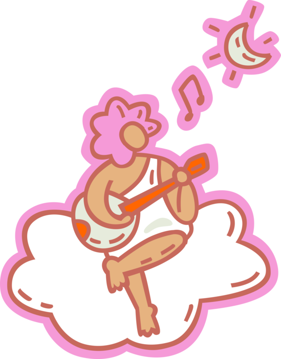 Vector Illustration of Cupid God of Desire and Erotic Love on Fluffy Cloud Plays Lute and Sings Songs