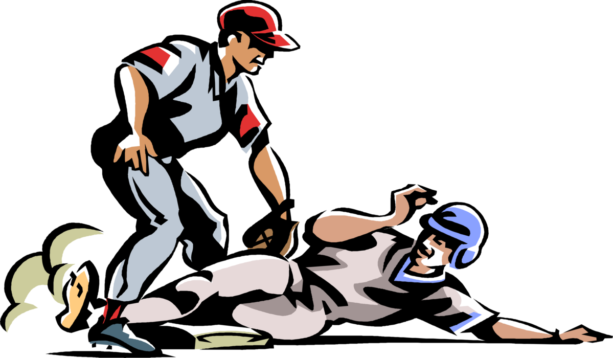 Vector Illustration of American Pastime Sport of Baseball Player Slides Into Base During Game