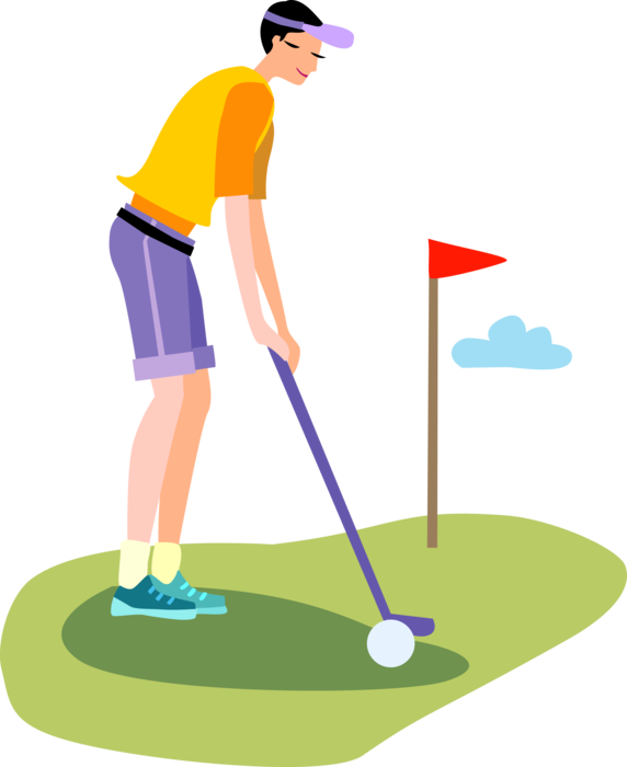 Vector Illustration of Sport of Golf Golfer Putts Golf Ball on Green During Round of Golf