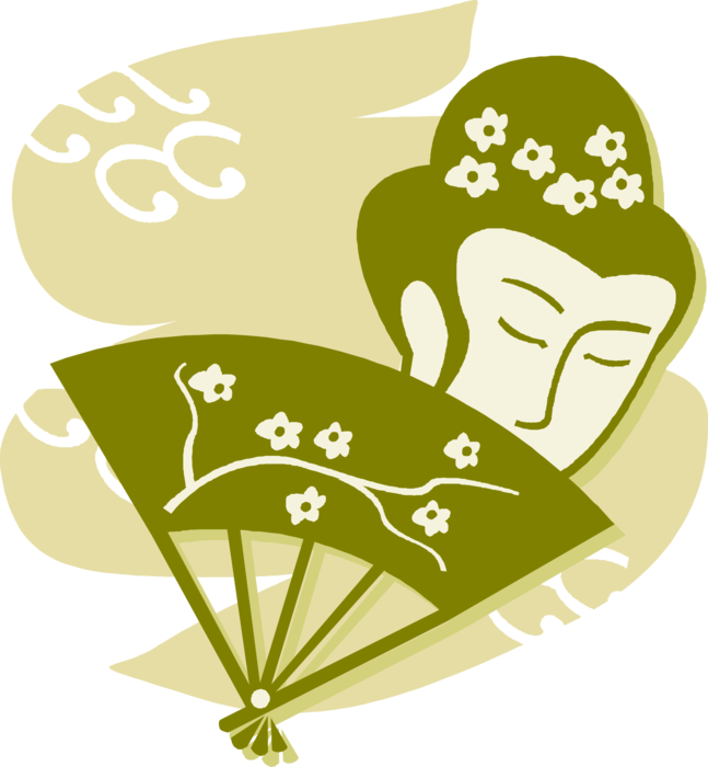 Vector Illustration of Japanese Courtesan Geisha with Decorative Oriental Cherry Blossom Hand Fan