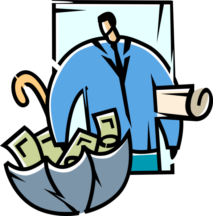 Vector Illustration of Businessman Relies on Financial Security Savings Cash Money Dollars in Umbrella