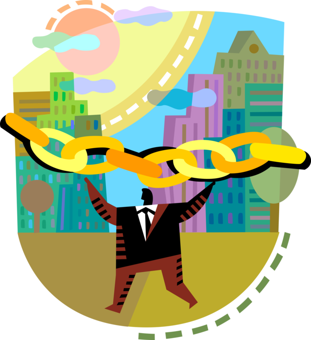 Vector Illustration of Businessman with Chain Links and City Skyline Buildings
