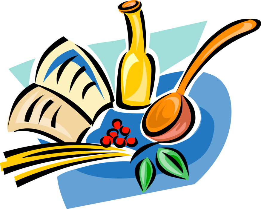 Vector Illustration of Kitchen Cooking Recipe Food Ingredients with Ladle, and Salad Oil