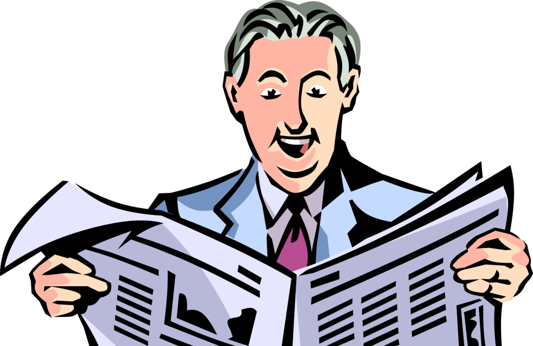 Vector Illustration of Businessman Reads Newspaper Serial Publication Containing News, Articles, and Advertising