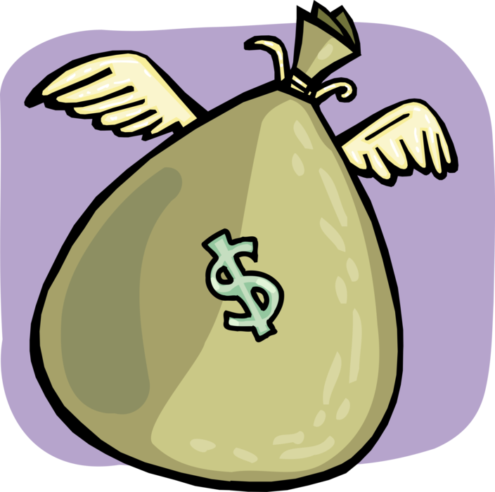 Vector Illustration of Corporate Financial Profits Cash Money Dollars Fly Away in Money Bag with Wings