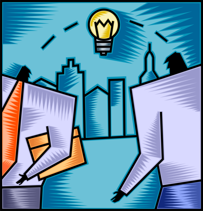 Vector Illustration of Business Colleagues Share Electric Light Bulb Symbol of Invention, Innovation, and Good Ideas