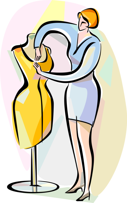 Vector Illustration of Fashion Design and Garment Industry Dressmaker Seamstress Fitting Dress Fabric on Dress Form Mannequin
