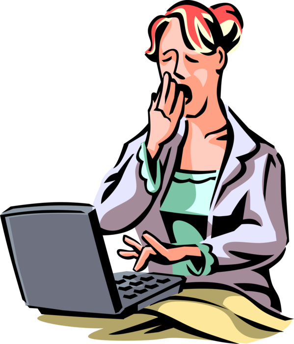 Vector Illustration of Exhausted, Tired, Overworked Businesswoman Yawns While Working on Computer in Office