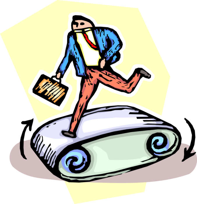 Vector Illustration of Businessman Chases Business Opportunities Running on Never Ending Treadmill Treadwheel