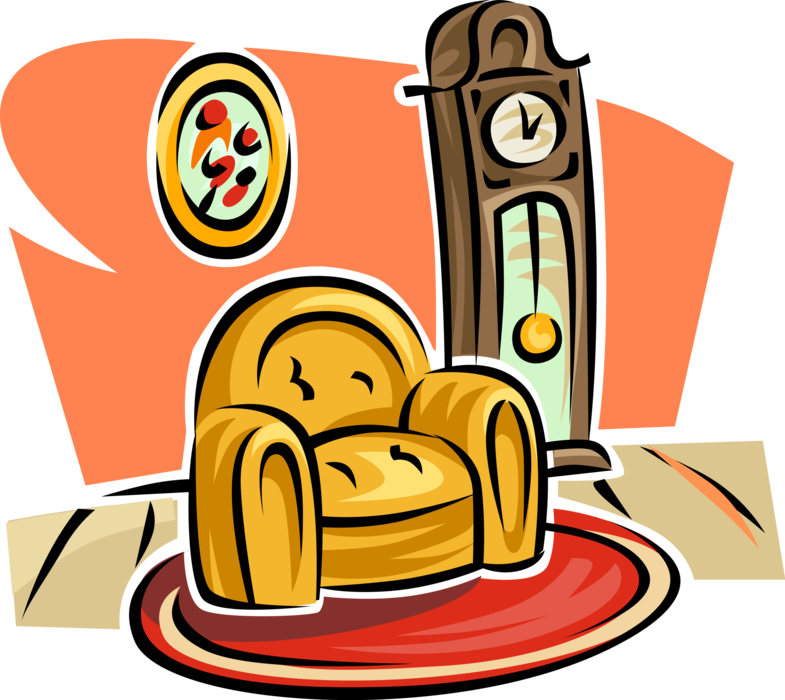 Vector Illustration of Grandfather Clock in Home with Livingroom Chair Furniture