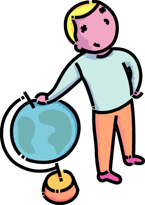 Vector Illustration of Primary or Elementary School Student Boy Stands Beside World Globe in Geography Class