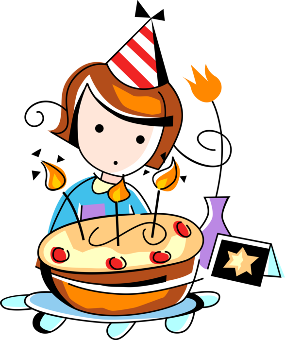 Vector Illustration of Birthday Girl Blows Out Candles on Sweet Dessert Birthday Cake