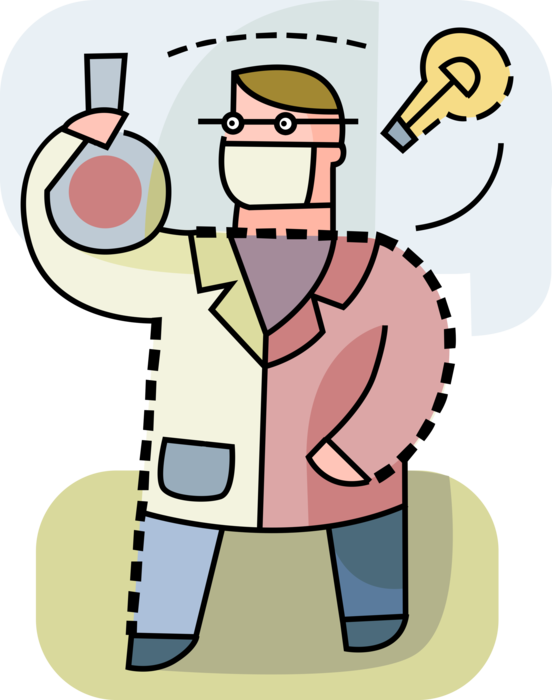 Vector Illustration of Scientist Chemist with Electric Light Bulb Symbol of Invention, Innovation, and Good Ideas