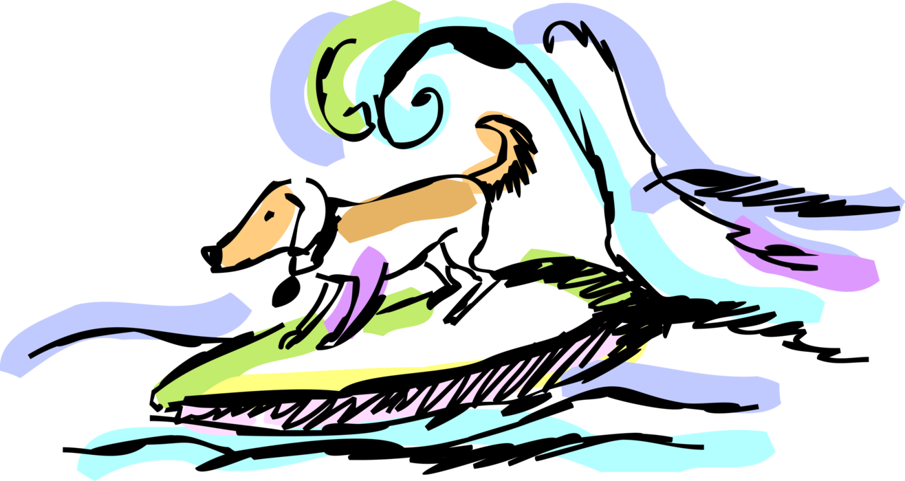 Vector Illustration of Pet Surfer Dog Surfing Ocean Waves on Surfboard