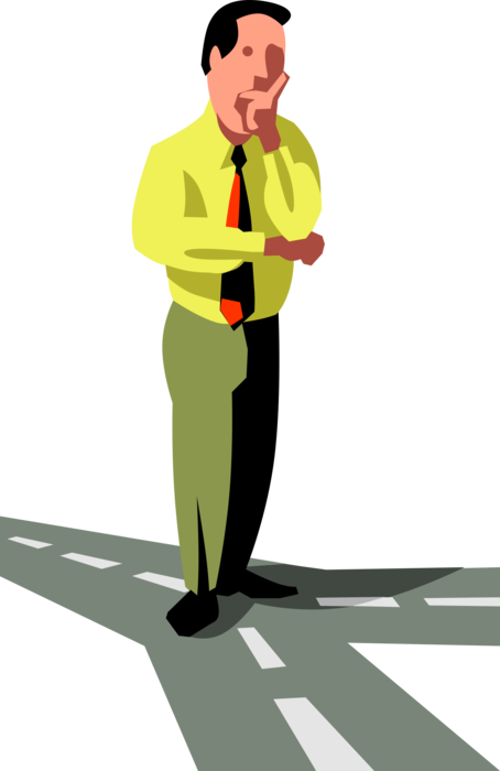 Vector Illustration of Businessman at Crossroads Faces Difficult Decision on Correct Course of Action