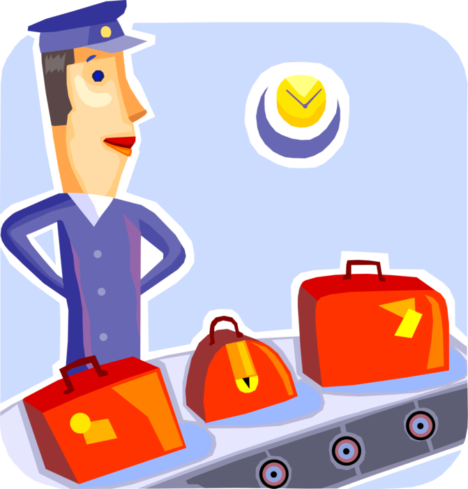 Vector Illustration of Airport Security Personnel with Travel Luggage Baggage Suitcases on Conveyor Belt