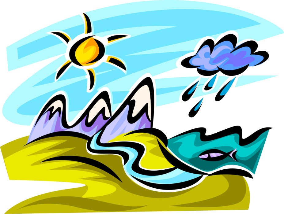 Vector Illustration of Thriving Ecosystem Mountain Range with Rain Clouds, Sunshine, and Marine Ocean