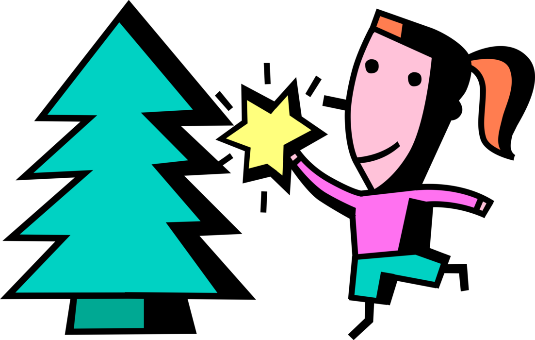 Vector Illustration of Girl Places Star Decoration on Christmas Tree