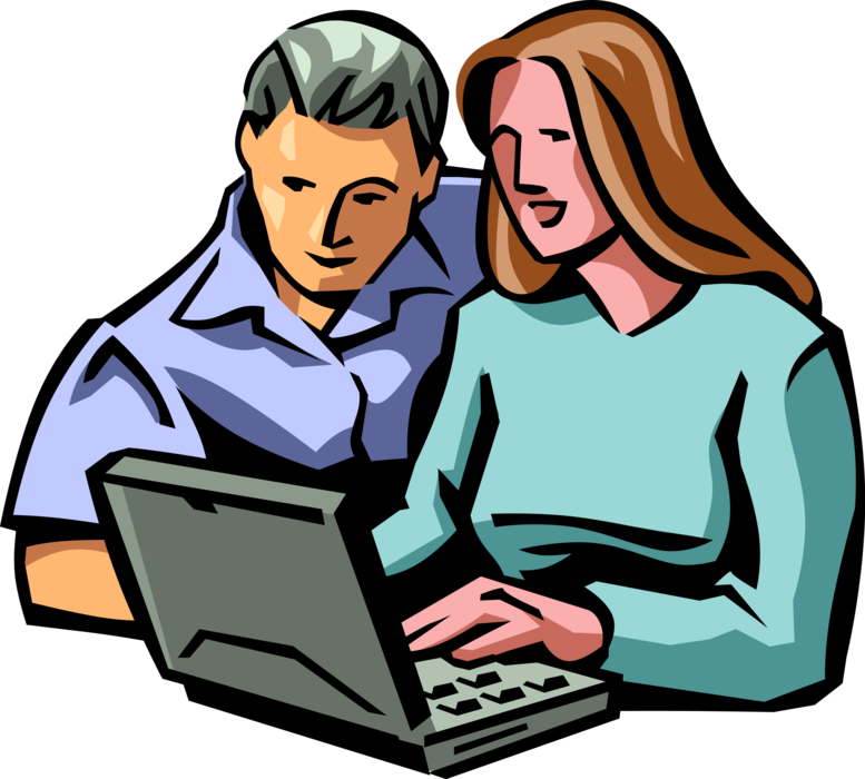 Vector Illustration of Man and Woman Browse Online Internet with Laptop Notebook Computer
