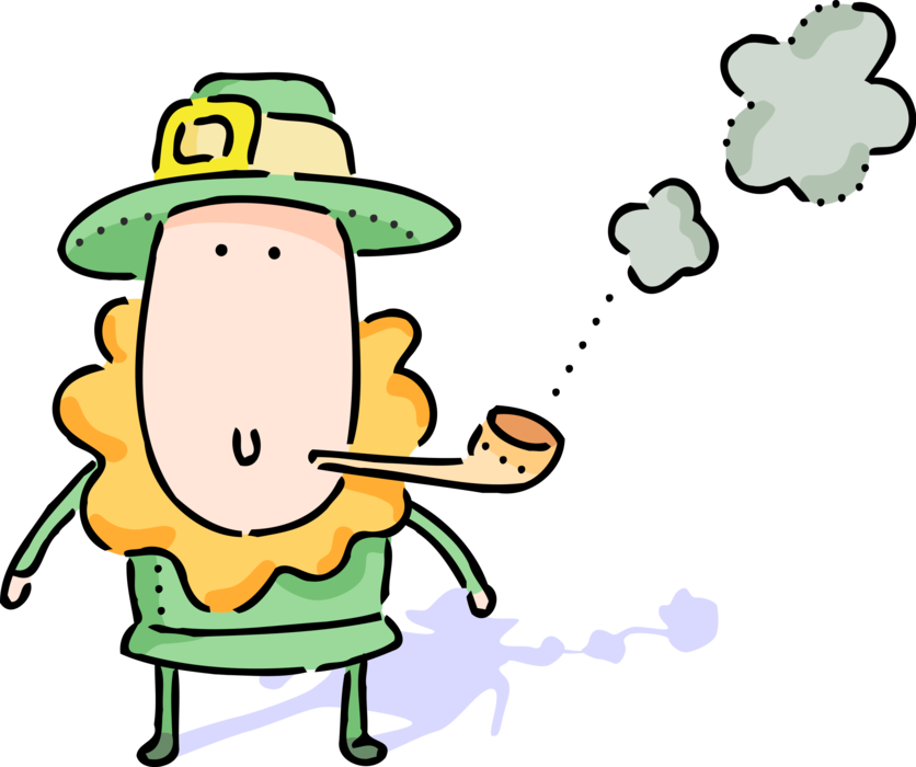 Vector Illustration of Irish Mythology Leprechaun on St. Patrick's Day Smoking Tobacco Pipe