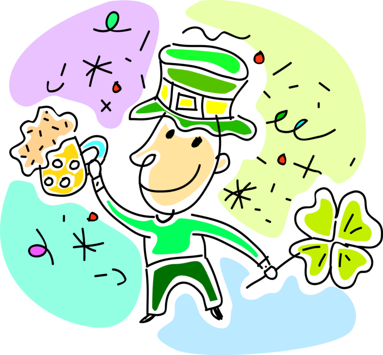 Vector Illustration of Irish Mythology Leprechaun Celebrates St. Patrick's Day with Beer and Lucky Shamrock