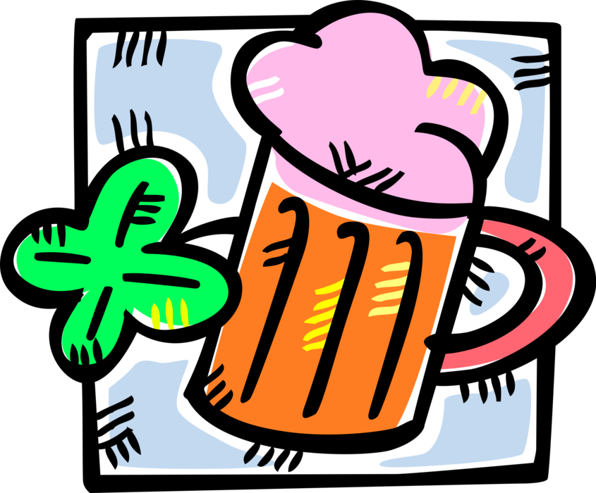 Vector Illustration of Mug of Beer with St. Patrick's Day Four Leaf Clover Lucky Shamrock